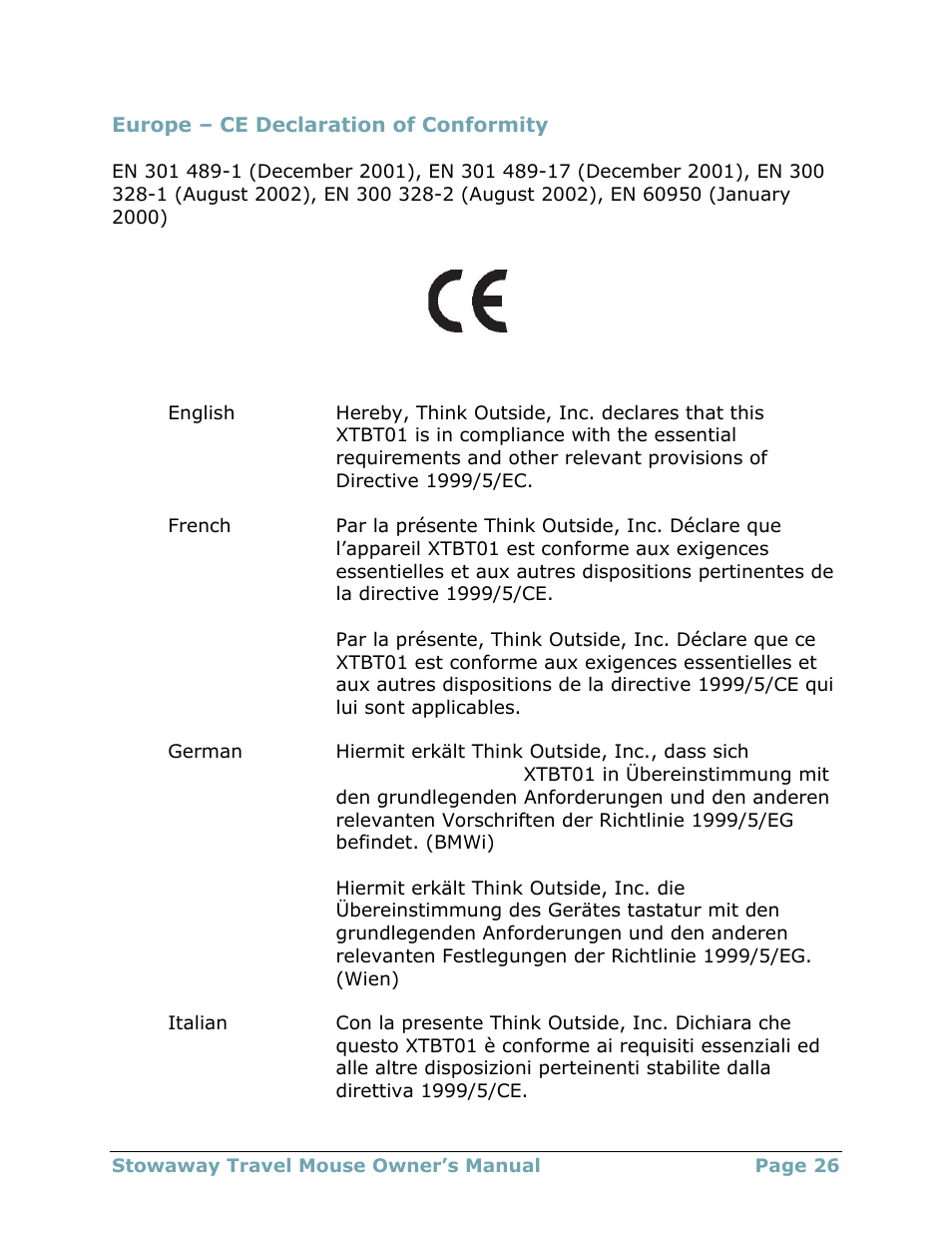 Europe – ce declaration of conformity | Think Outside Travel Mouse (for Asus MyPal A620BT) User Manual | Page 26 / 29