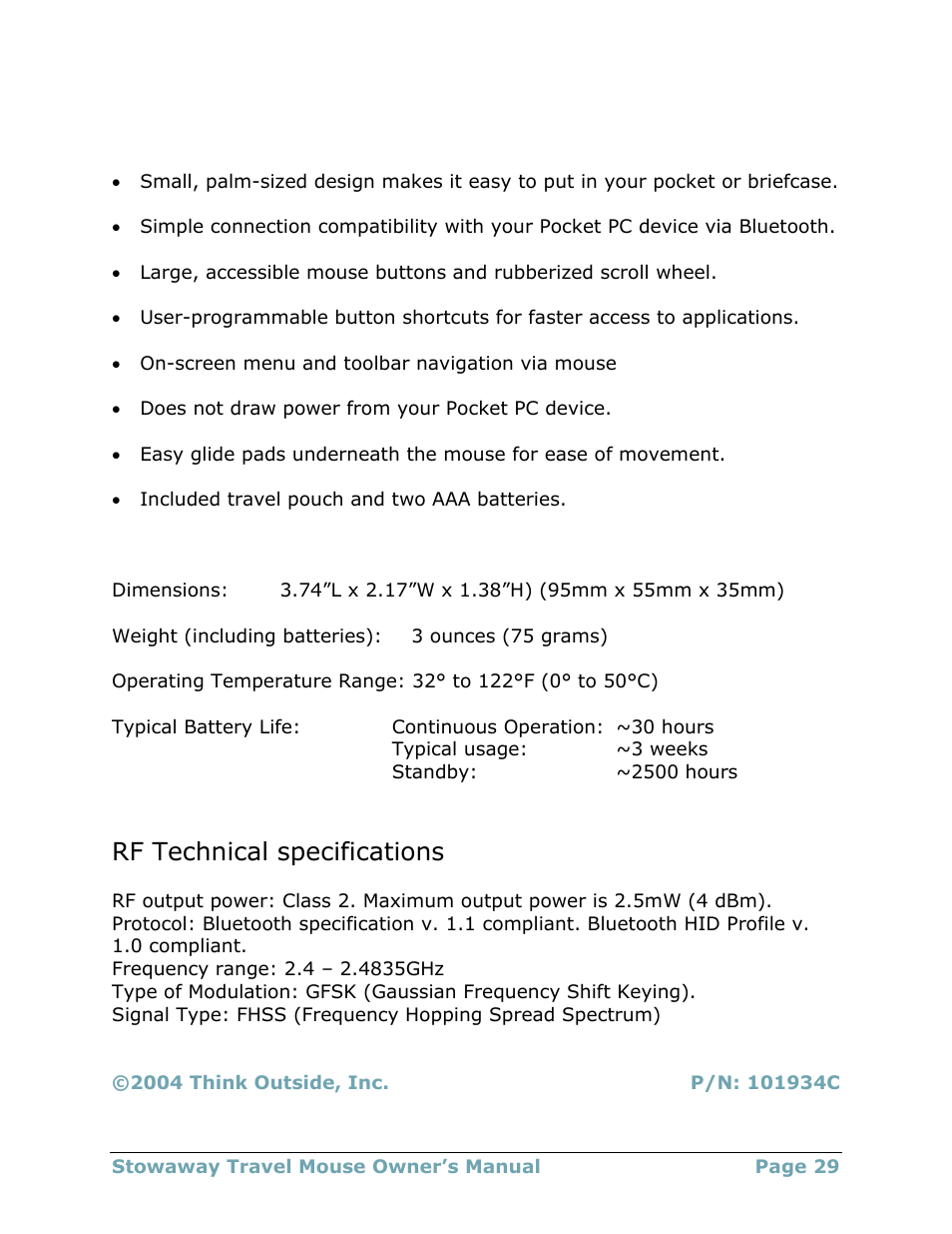 Features and specifications summary, Rf technical specifications | Think Outside Travel Mouse (for Asus MyPal A620BT) User Manual | Page 29 / 29