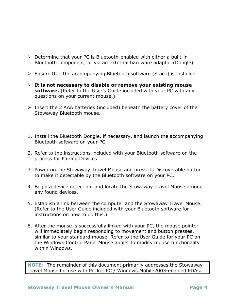 Installing the mouse for use with windows xp, Before you begin, Creating a paired connection with your pc | Think Outside Travel Mouse (for Asus MyPal A620BT) User Manual | Page 4 / 29