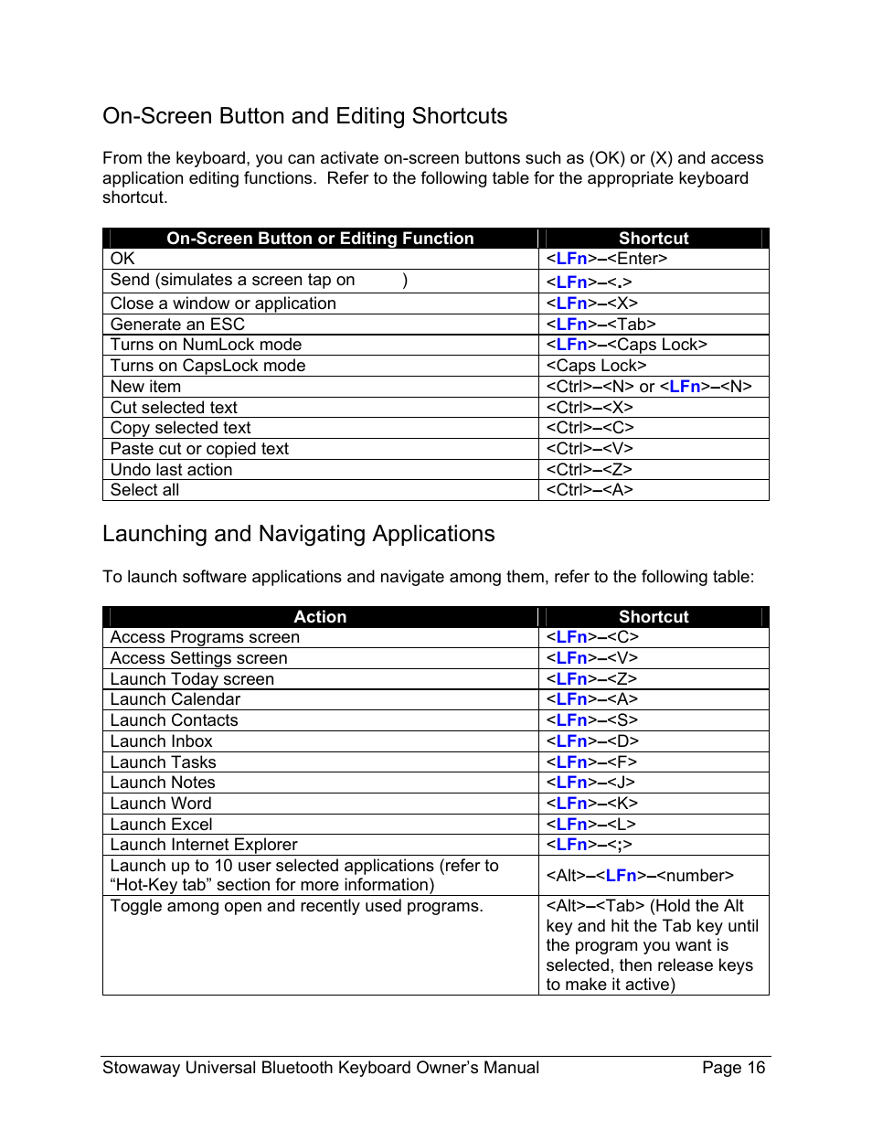 On-screen button and editing shortcuts, Launching and navigating applications | Think Outside Stowaway iPAQ 1940 iPAQ 1945 iPAQ 2210 User Manual | Page 16 / 30