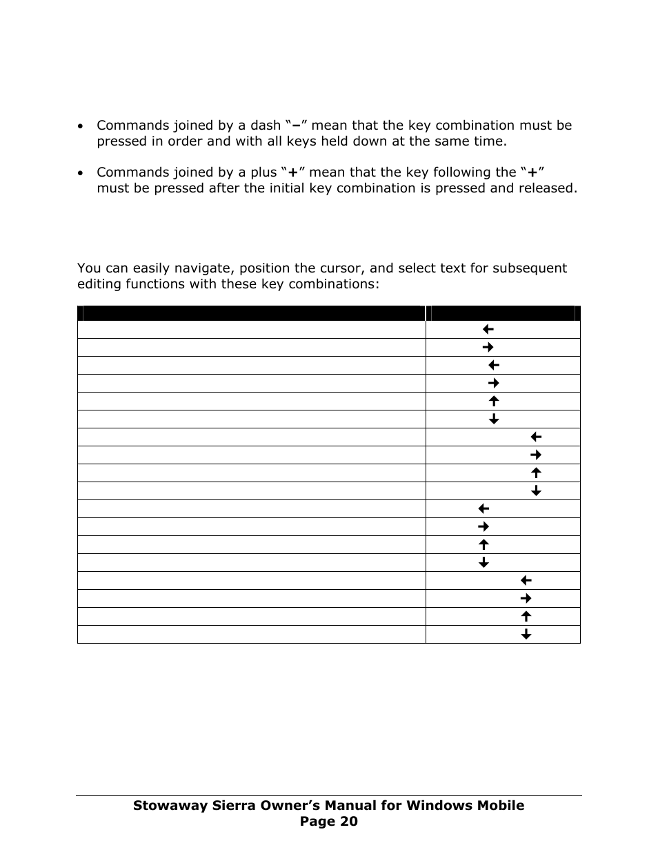Using the stowaway sierra keyboard, Moving the cursor/highlighting text | Think Outside Sierra Keyboard User Manual | Page 20 / 37