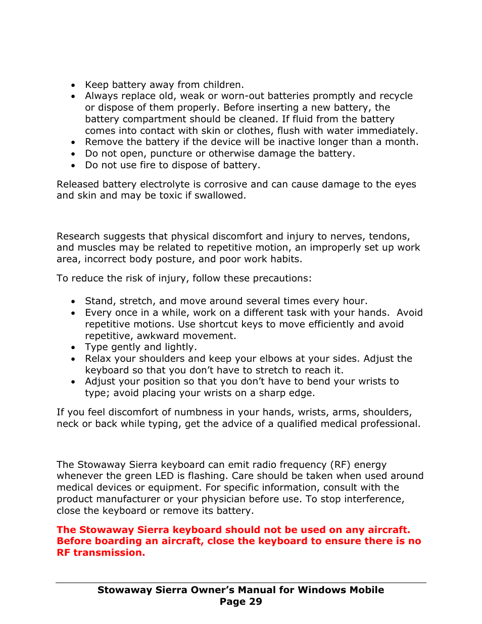 Important battery information, Comfortable typing, Important notes about bluetooth devices | Important notes about bluetooth, Devices | Think Outside Sierra Keyboard User Manual | Page 29 / 37