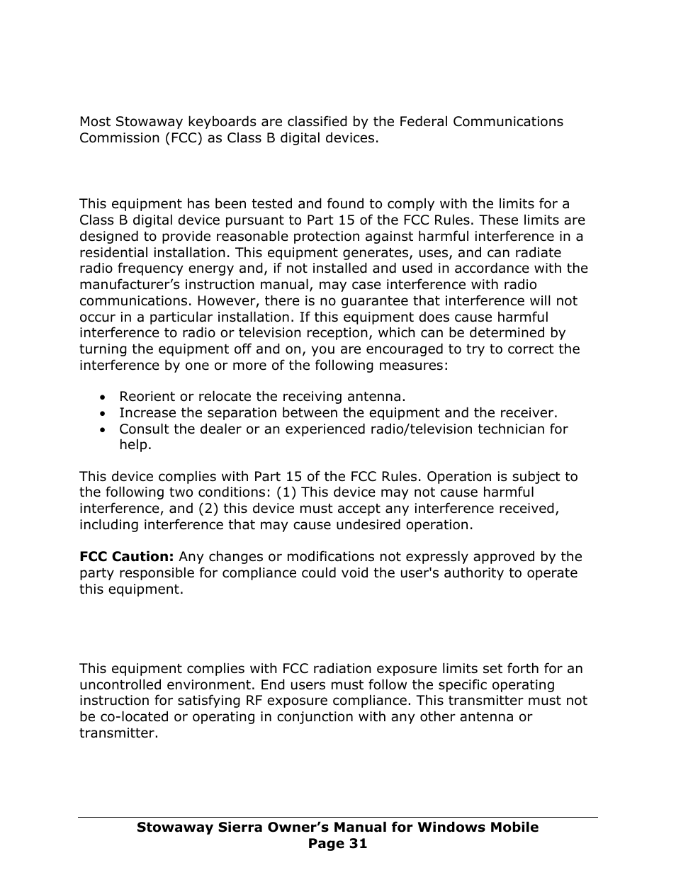 Fcc notices (u.s. only), Class b, Fcc radiation exposure statement | Think Outside Sierra Keyboard User Manual | Page 31 / 37