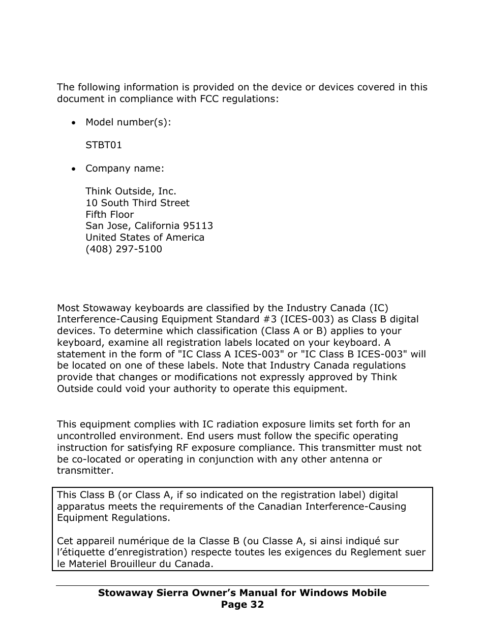 Fcc identification information, Ic notice (canada only), Ic radiation exposure statement | Think Outside Sierra Keyboard User Manual | Page 32 / 37