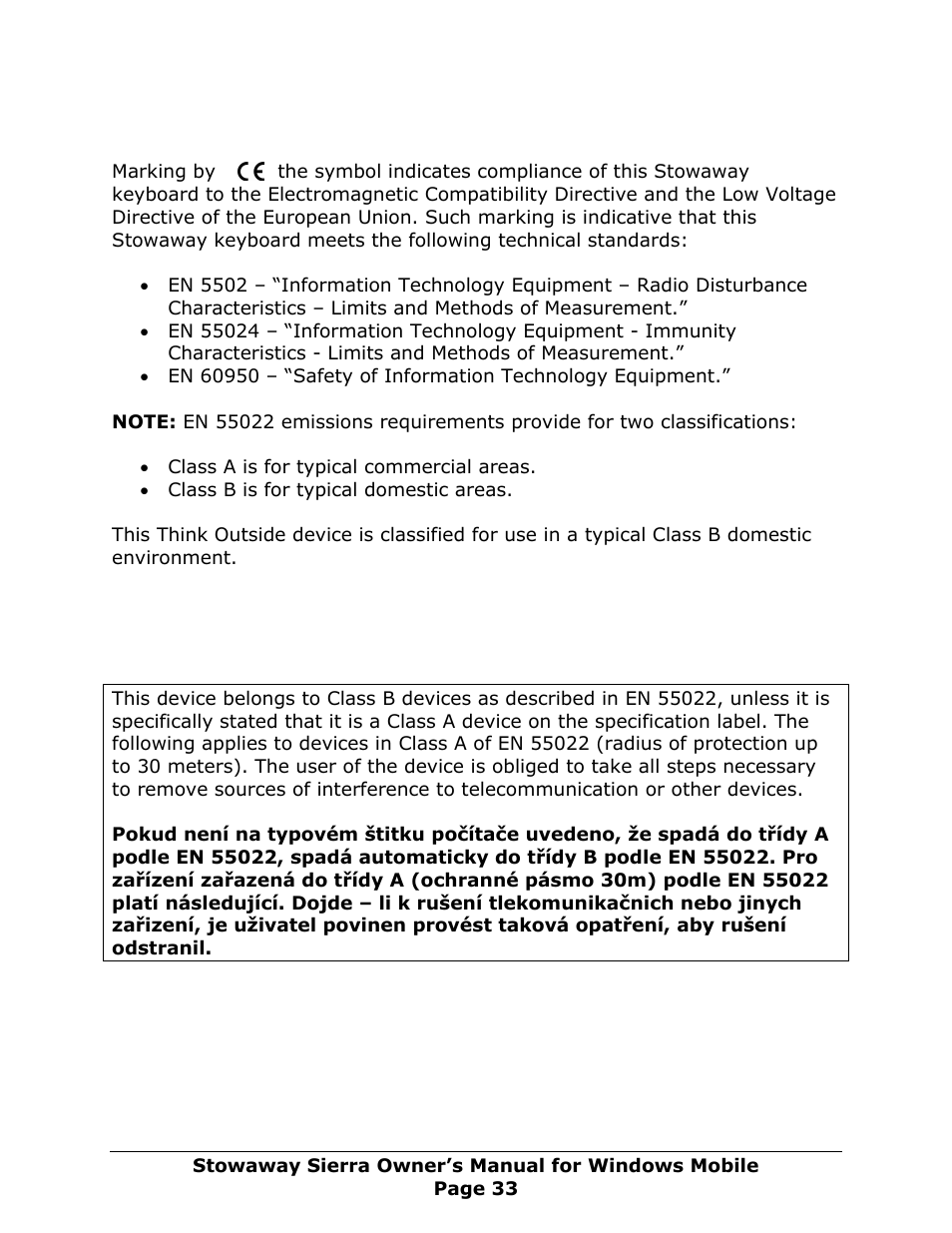 Ce notice (european union), En 55022 compliance (czech republic only) | Think Outside Sierra Keyboard User Manual | Page 33 / 37