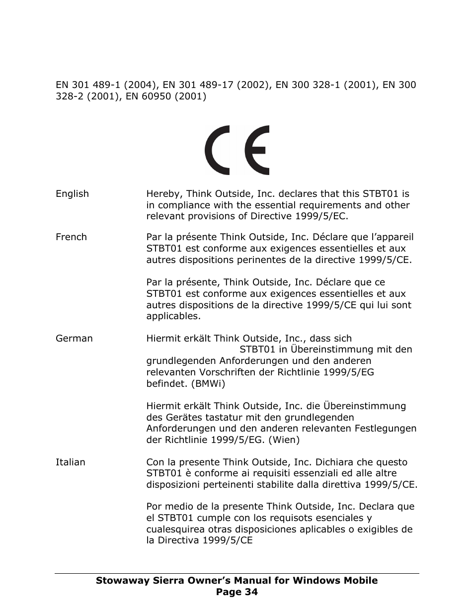 Europe – ce declaration of conformity | Think Outside Sierra Keyboard User Manual | Page 34 / 37