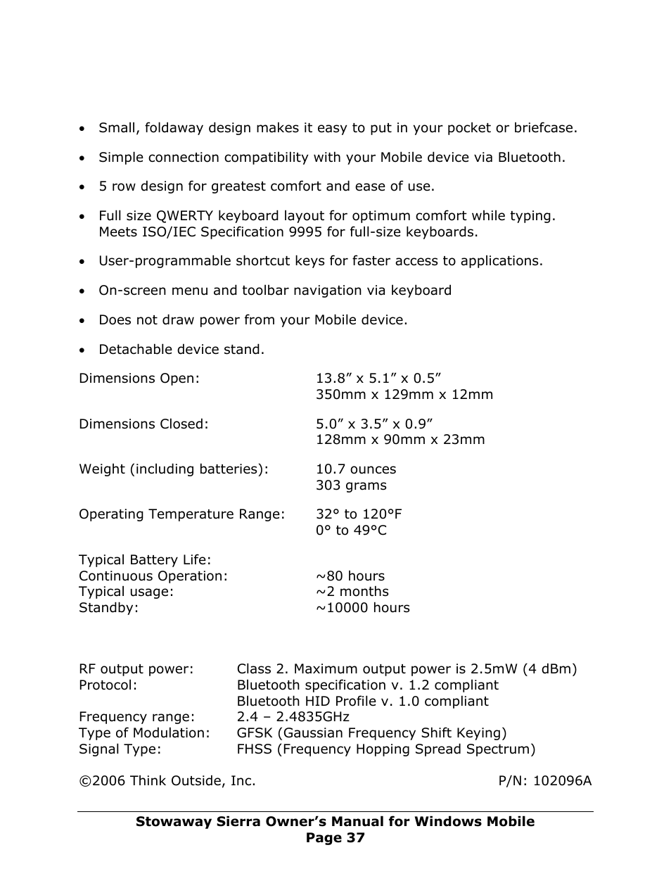 Features and specifications summary, Rf technical specifications | Think Outside Sierra Keyboard User Manual | Page 37 / 37