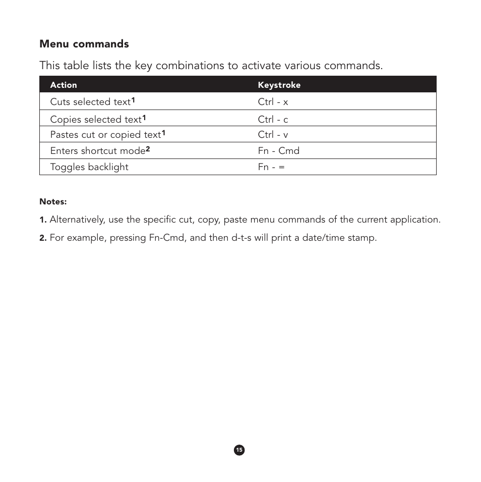 Menu commands | Think Outside Stowaway User Manual | Page 17 / 36