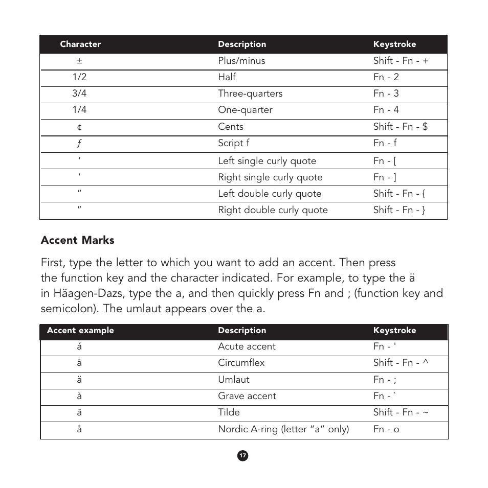 Accent marks | Think Outside Stowaway User Manual | Page 19 / 36