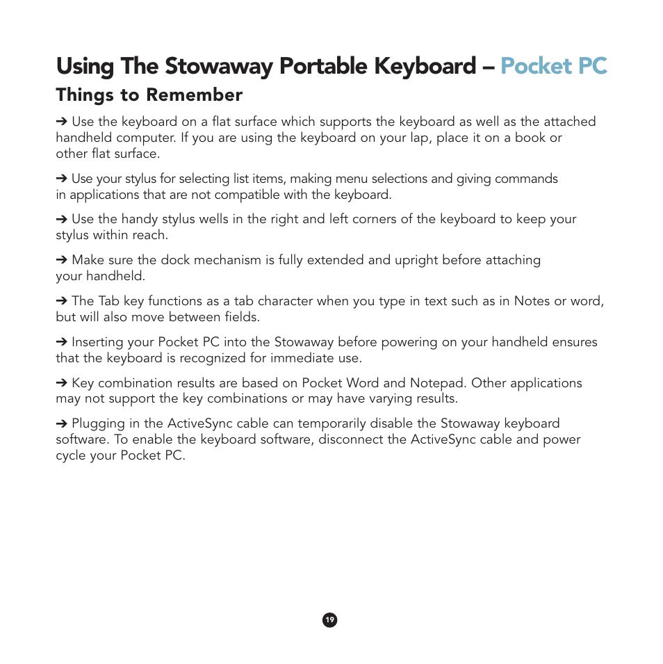 Using the stowaway portable keyboard – pocket pc, Things to remember | Think Outside Stowaway User Manual | Page 21 / 36