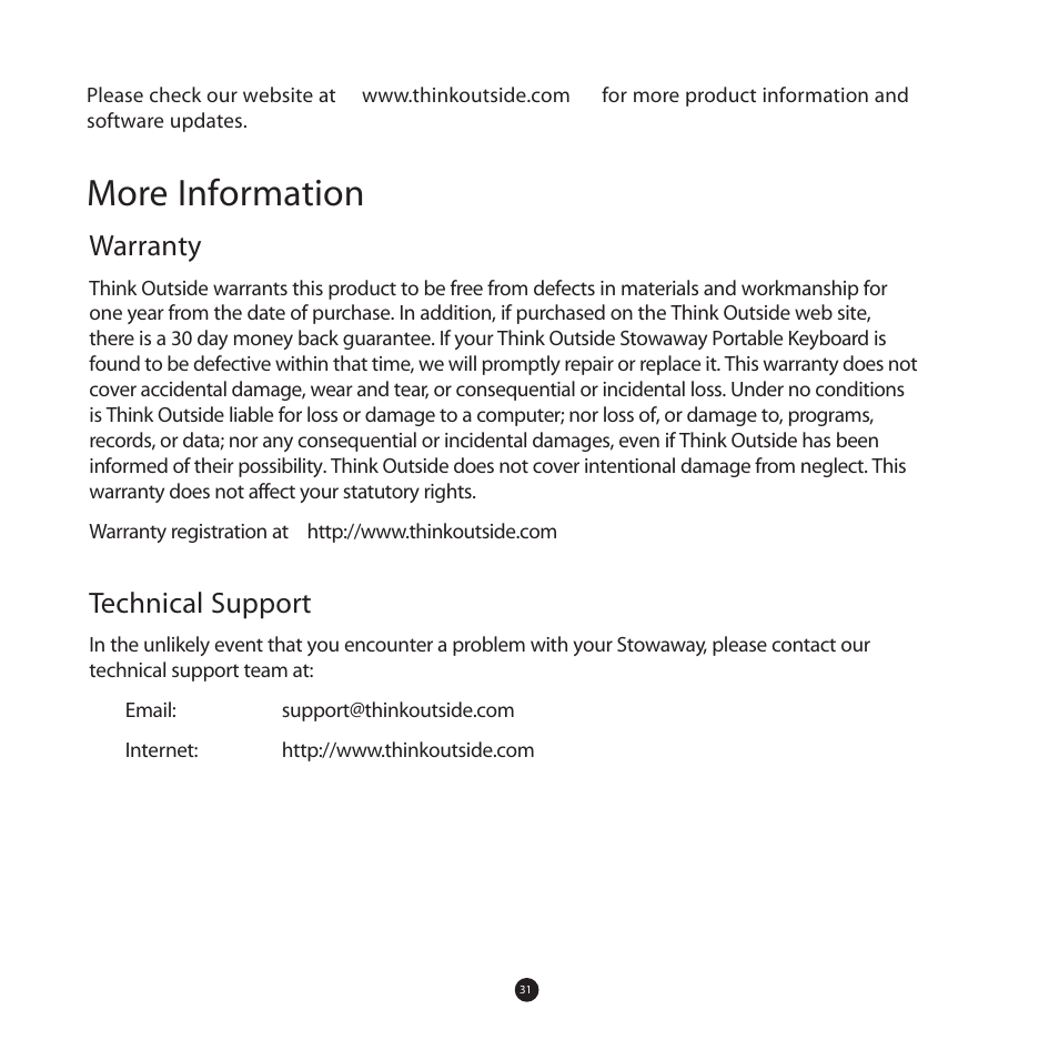 More information, Warranty, Technical support | Think Outside Stowaway User Manual | Page 33 / 36