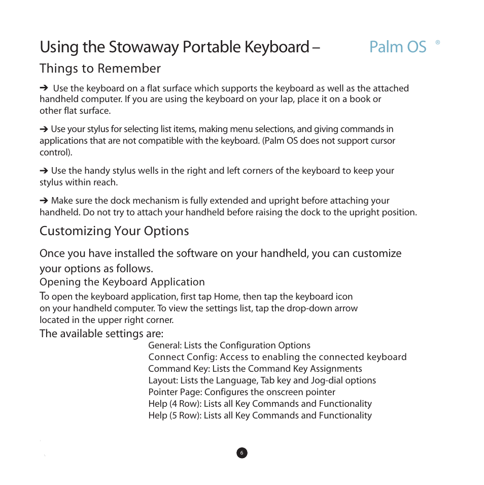 Using the stowaway portable keyboard – palm os, Things to remember, Customizing your options | Think Outside Stowaway User Manual | Page 8 / 36