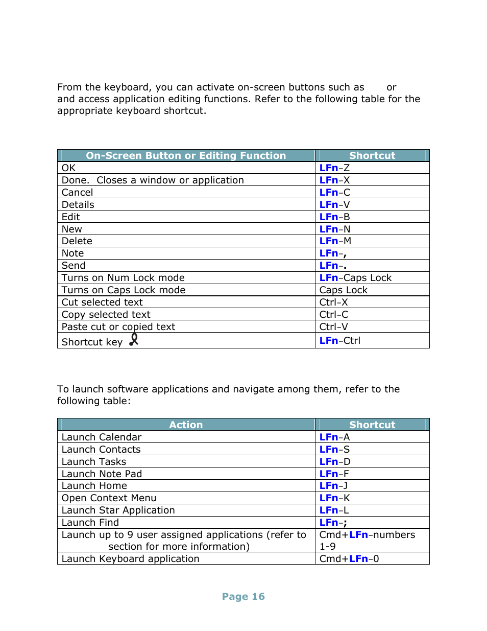 On-screen button and editing shortcuts, Launching and navigating applications | Think Outside Stowaway Universal Bluetooth Keyboard User Manual | Page 16 / 31
