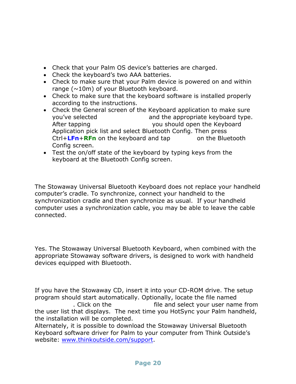 Frequently asked questions | Think Outside Stowaway Universal Bluetooth Keyboard User Manual | Page 20 / 31