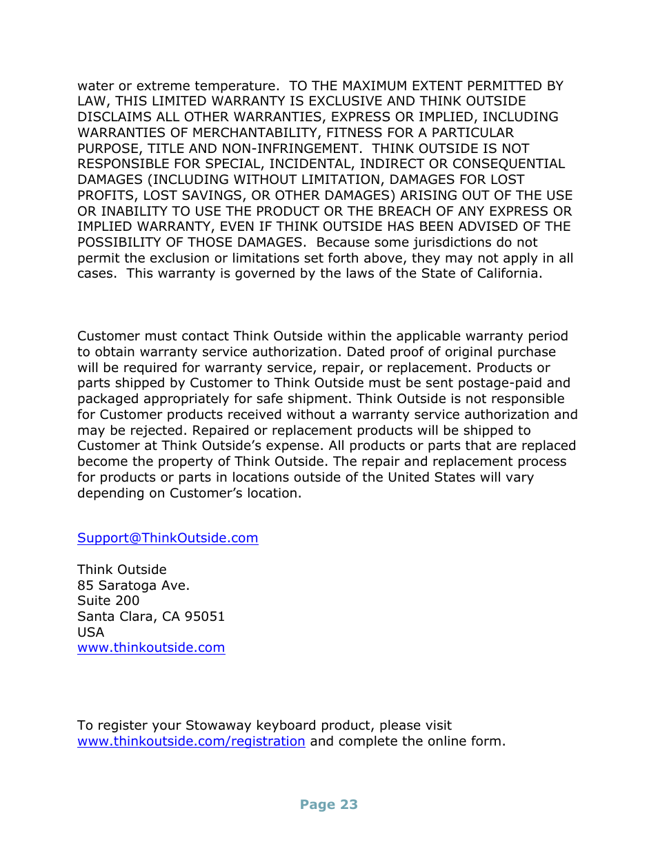 Obtaining warranty service, Registering your product | Think Outside Stowaway Universal Bluetooth Keyboard User Manual | Page 23 / 31