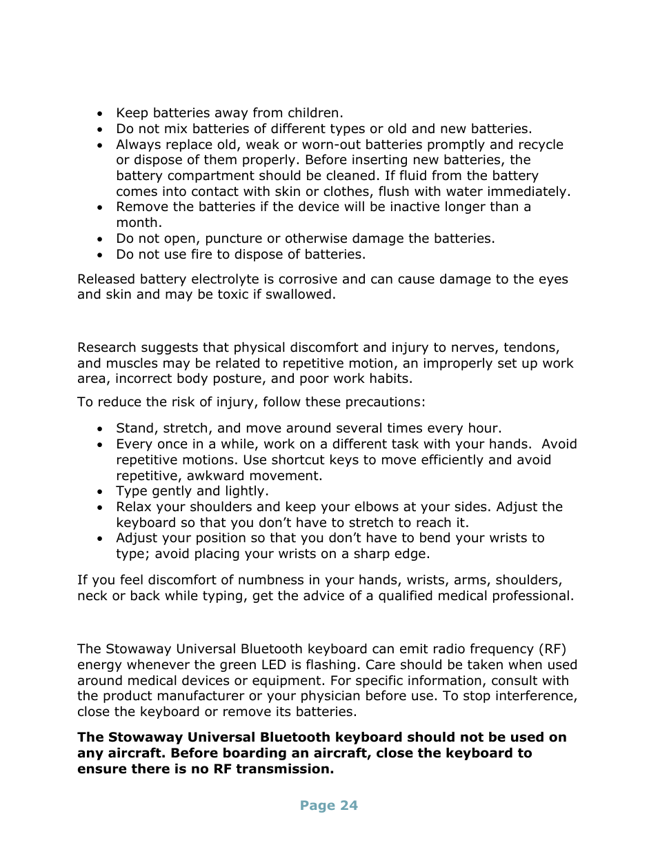 Important battery information, Comfortable typing, Important notes about bluetooth devices | Important notes about bluetooth, Devices | Think Outside Stowaway Universal Bluetooth Keyboard User Manual | Page 24 / 31
