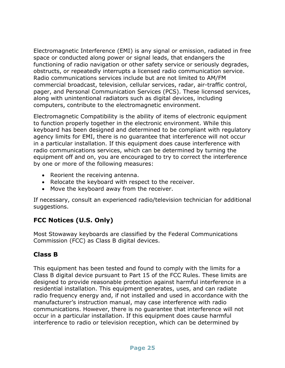 Regulatory notices, Fcc notices (u.s. only), Class b | Think Outside Stowaway Universal Bluetooth Keyboard User Manual | Page 25 / 31