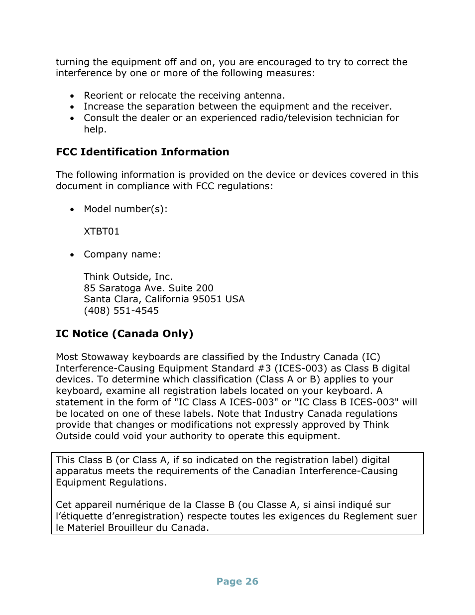 Fcc identification information, Ic notice (canada only) | Think Outside Stowaway Universal Bluetooth Keyboard User Manual | Page 26 / 31