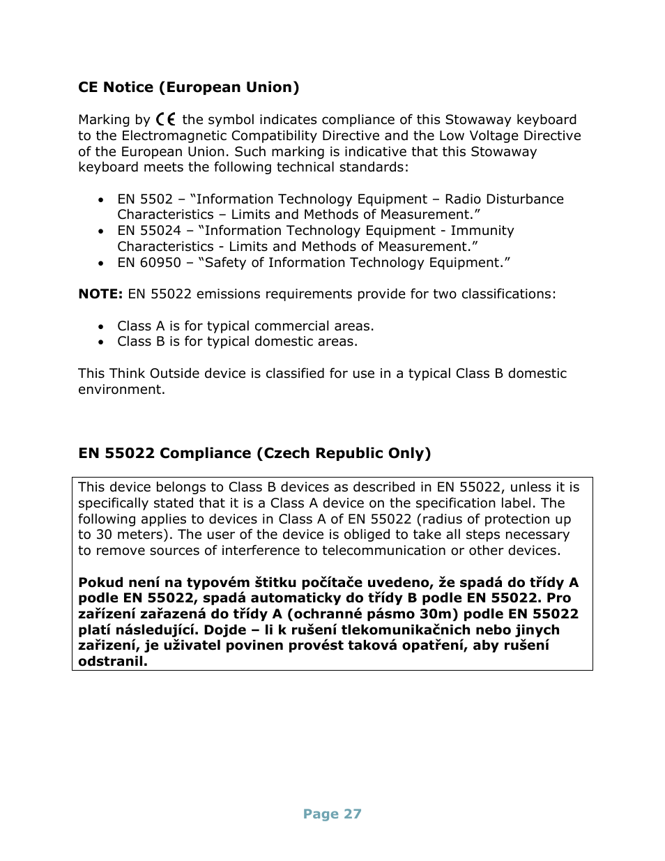 Ce notice (european union), En 55022 compliance (czech republic only) | Think Outside Stowaway Universal Bluetooth Keyboard User Manual | Page 27 / 31