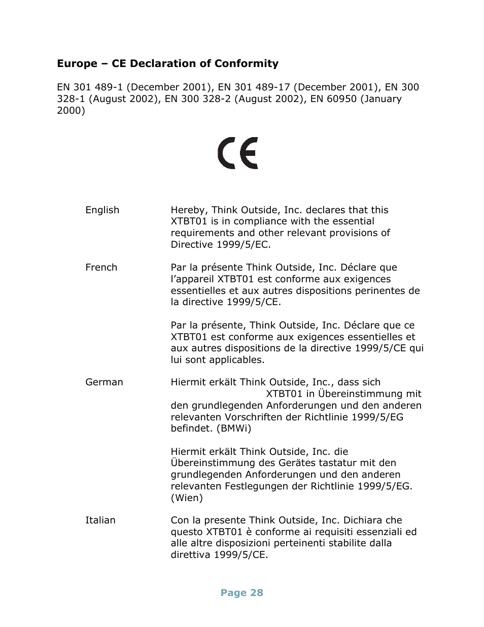 Europe – ce declaration of conformity | Think Outside Stowaway Universal Bluetooth Keyboard User Manual | Page 28 / 31