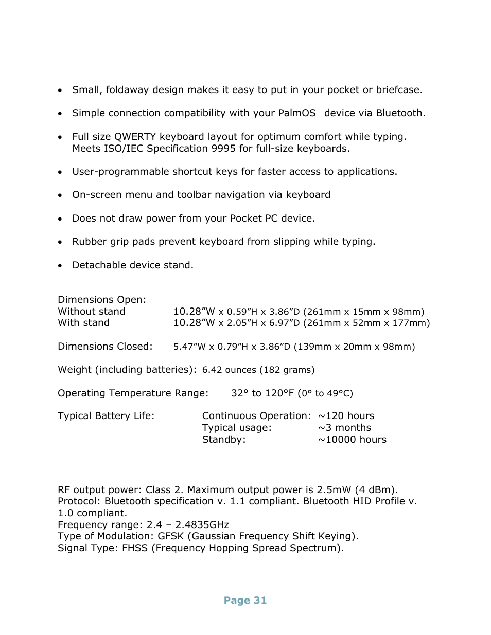 Features and technical specifications summary, Rf technical specifications | Think Outside Stowaway Universal Bluetooth Keyboard User Manual | Page 31 / 31