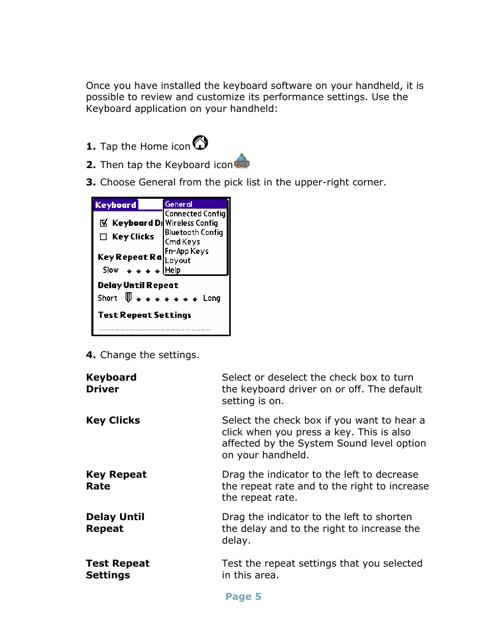 Configuring the keyboard to your palm os handheld, To change the general settings, Configuring the keyboard to your palm os | Handheld 5, Handheld | Think Outside Stowaway Universal Bluetooth Keyboard User Manual | Page 5 / 31