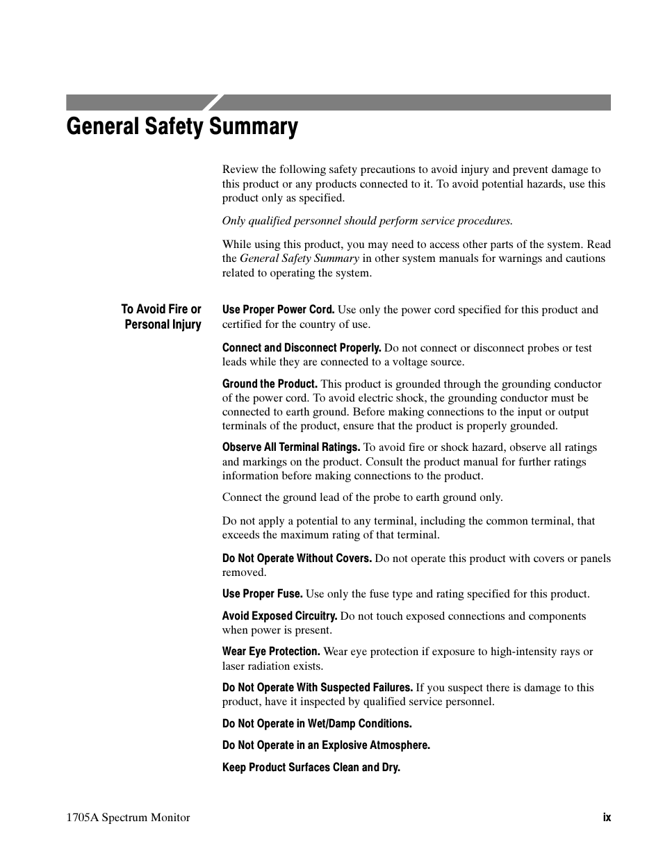 General safety summary | Tektronix 1705A User Manual | Page 10 / 223