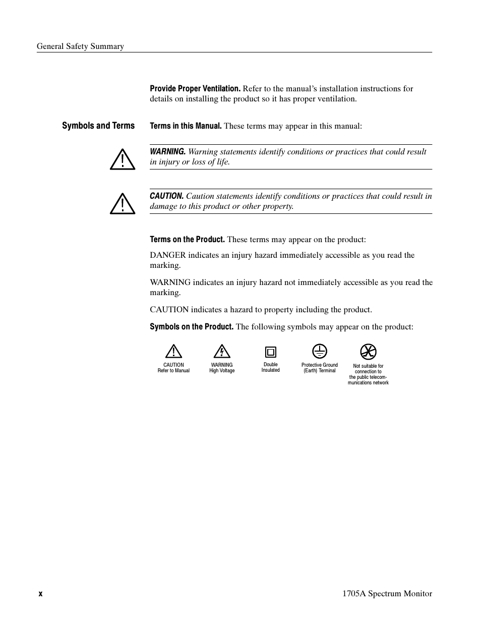 Symbols and terms | Tektronix 1705A User Manual | Page 11 / 223