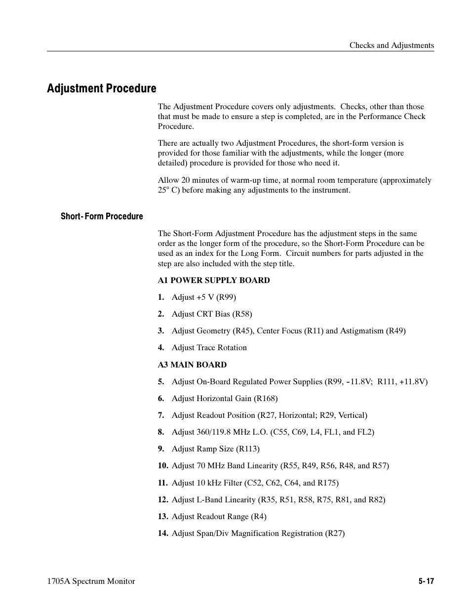 Adjustment procedure | Tektronix 1705A User Manual | Page 112 / 223