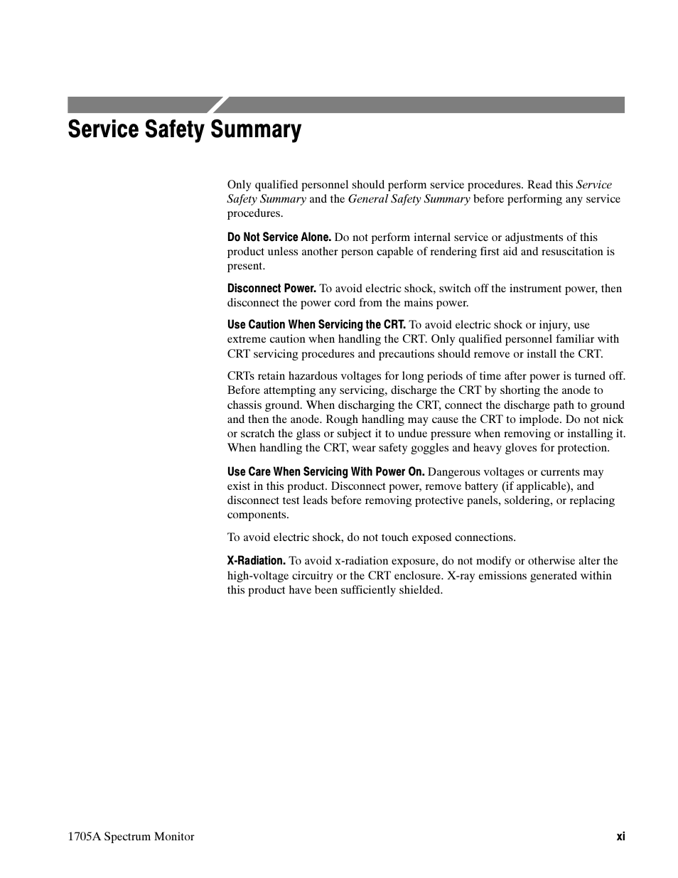 Service safety summary | Tektronix 1705A User Manual | Page 12 / 223