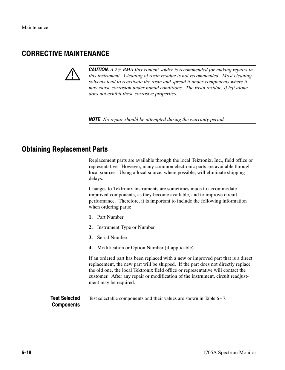 Corrective maintenance, Obtaining replacement parts | Tektronix 1705A User Manual | Page 143 / 223