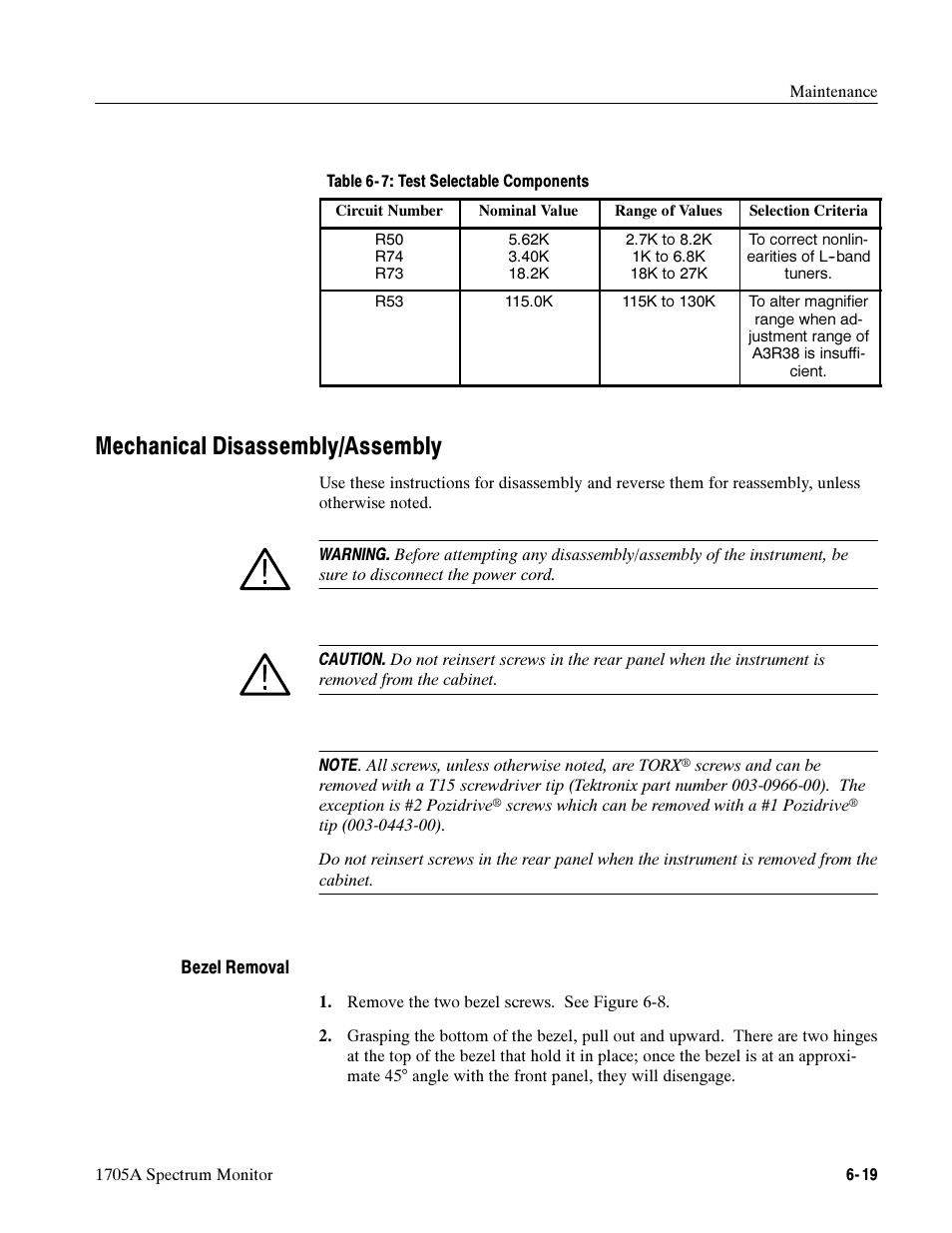 Mechanical disassembly/assembly | Tektronix 1705A User Manual | Page 144 / 223