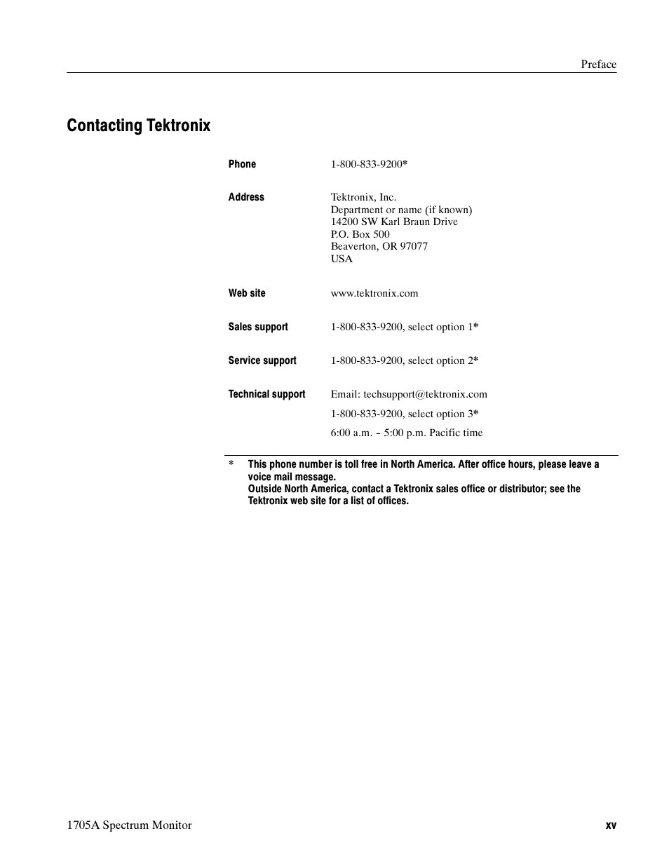 Contacting tektronix | Tektronix 1705A User Manual | Page 16 / 223