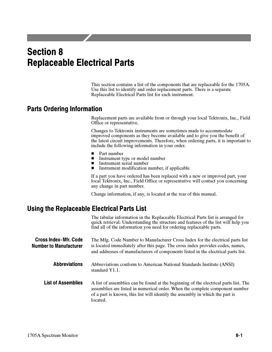 Section 8 replaceable electrical parts, Parts ordering information, Using the replaceable electrical parts list | Tektronix 1705A User Manual | Page 160 / 223