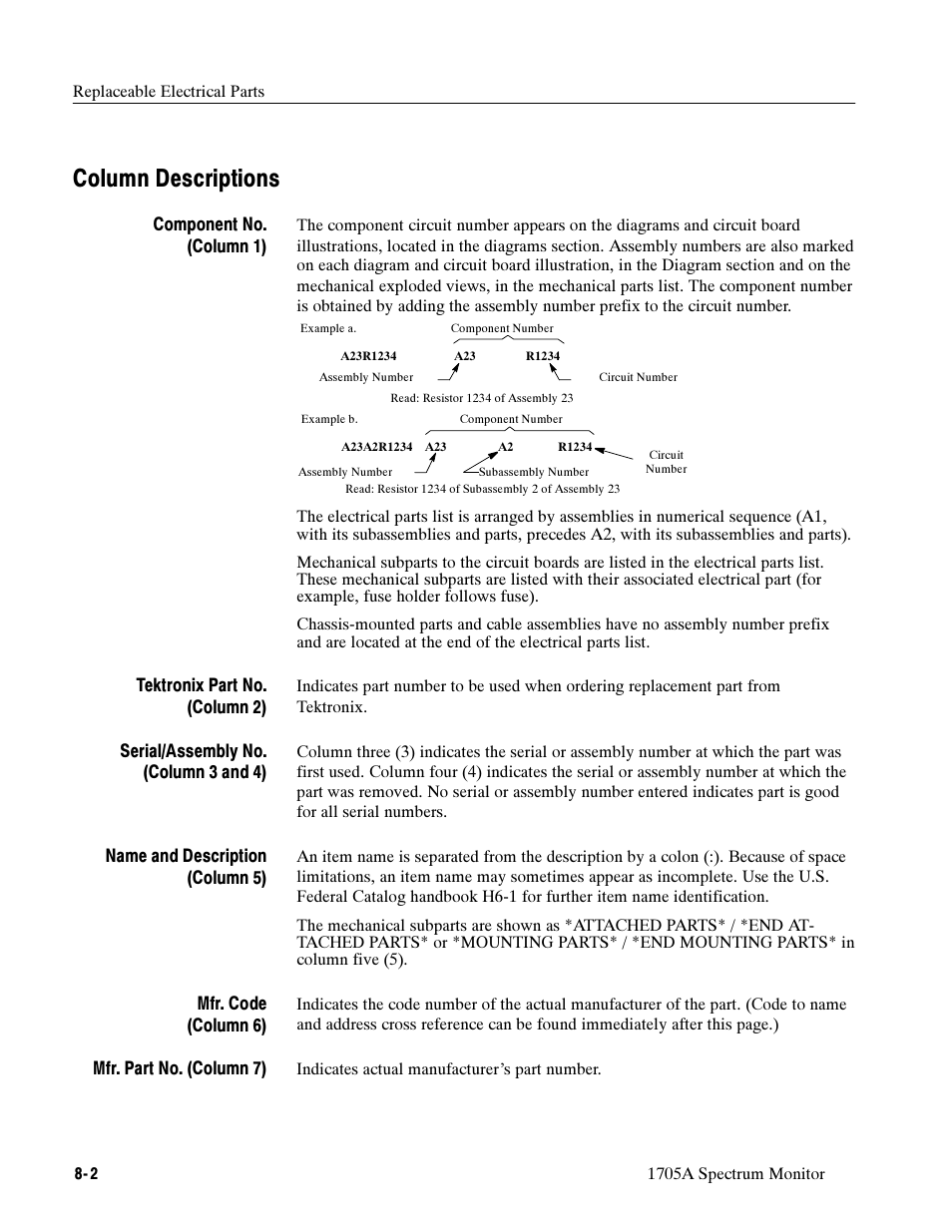 Column descriptions | Tektronix 1705A User Manual | Page 161 / 223