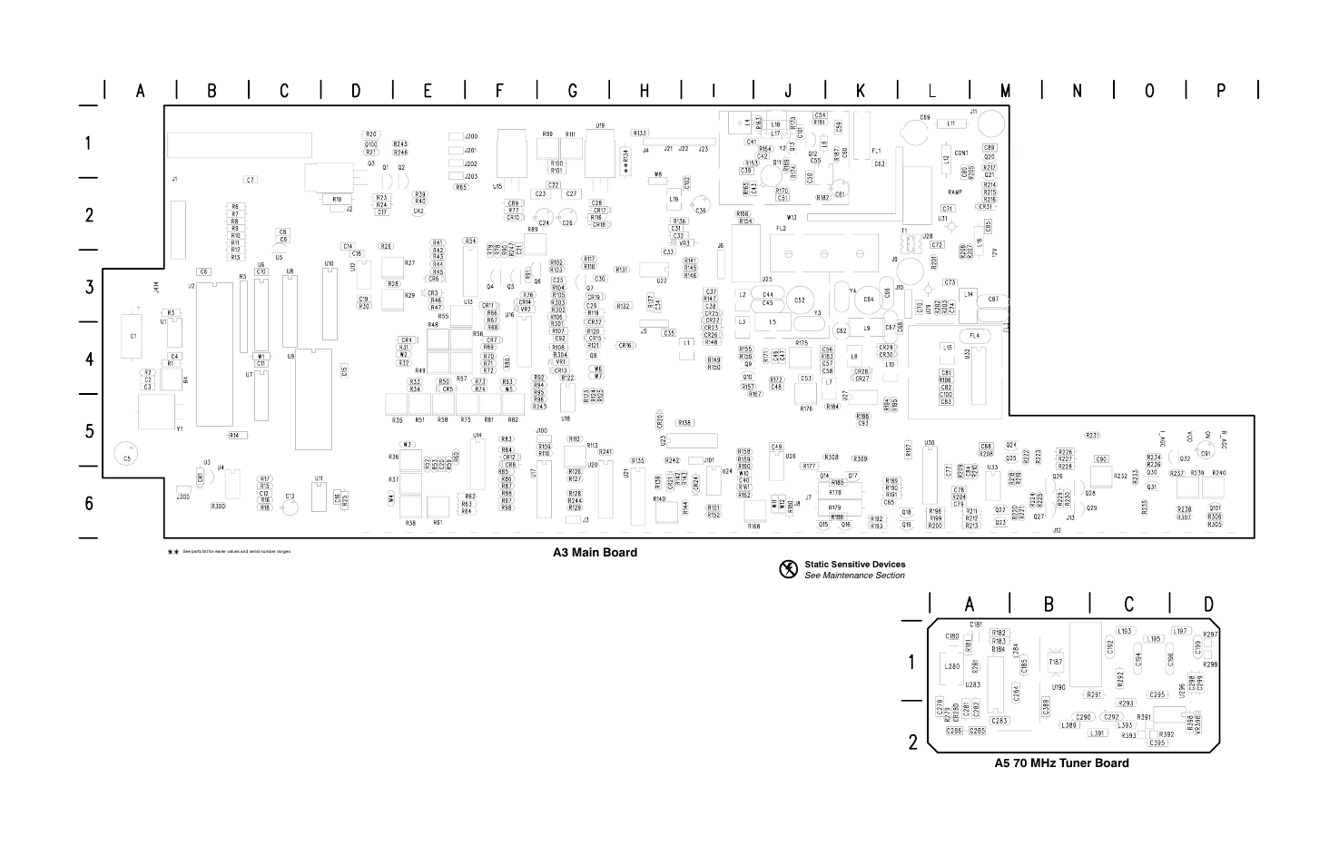 A3 main board, A5 70 mhz tuner board, A3 main board a5 70 mhz tuner board | Tektronix 1705A User Manual | Page 196 / 223