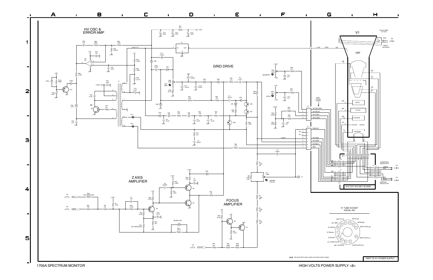 High volts power supply <8, Hv osc & error amp, Grid drive | Z axis, Amplifier, Focus amplifier | Tektronix 1705A User Manual | Page 212 / 223