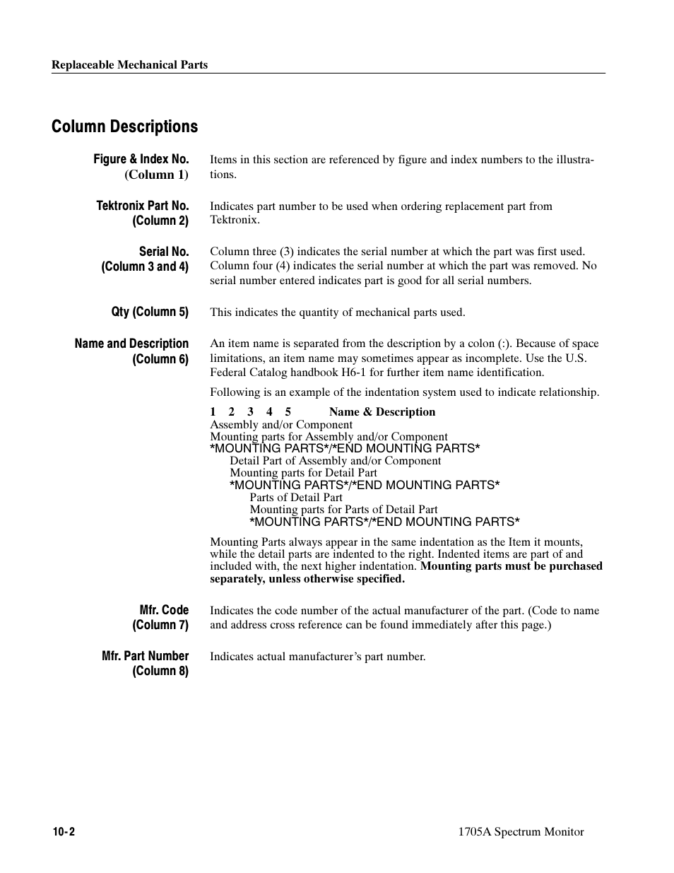 Column descriptions | Tektronix 1705A User Manual | Page 217 / 223