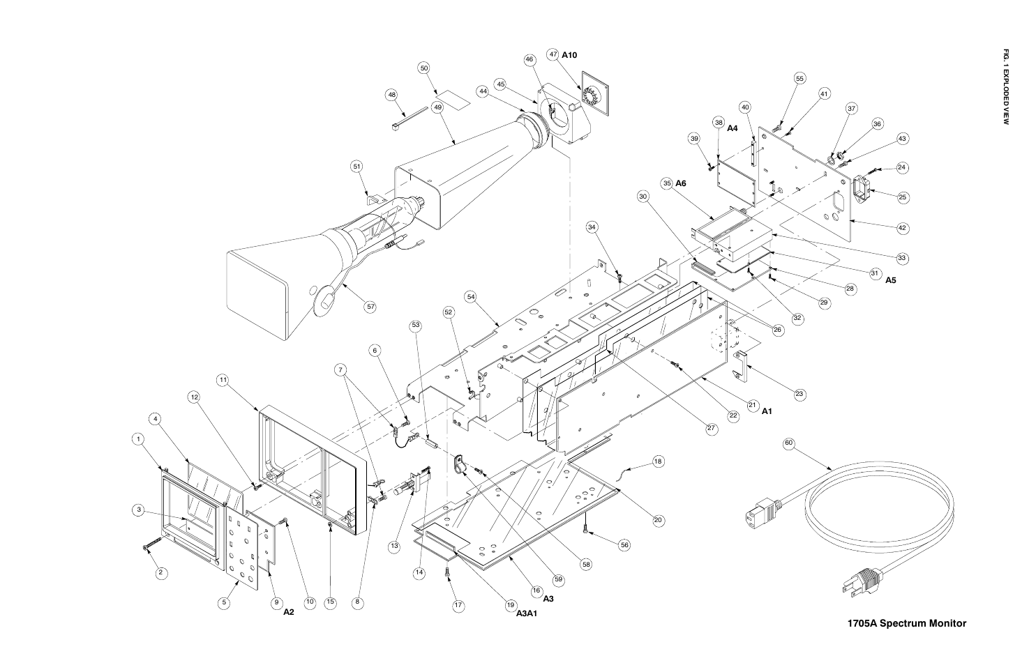 1705a spectrum monitor exploded view, 1705a spectrum monitor | Tektronix 1705A User Manual | Page 222 / 223