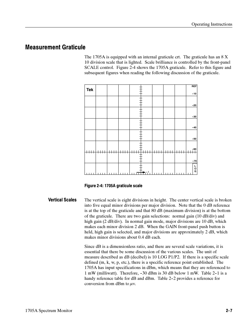 Measurement graticule, Vertical scales | Tektronix 1705A User Manual | Page 46 / 223