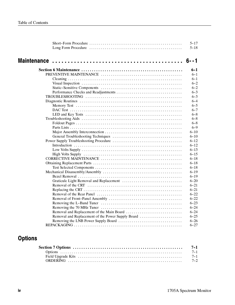 Maintenance 6, Options | Tektronix 1705A User Manual | Page 5 / 223