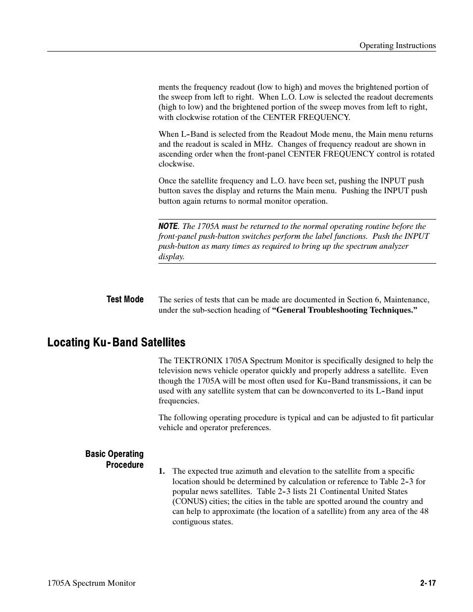 Locating ku-band satellites, Locating ku- band satellites | Tektronix 1705A User Manual | Page 56 / 223