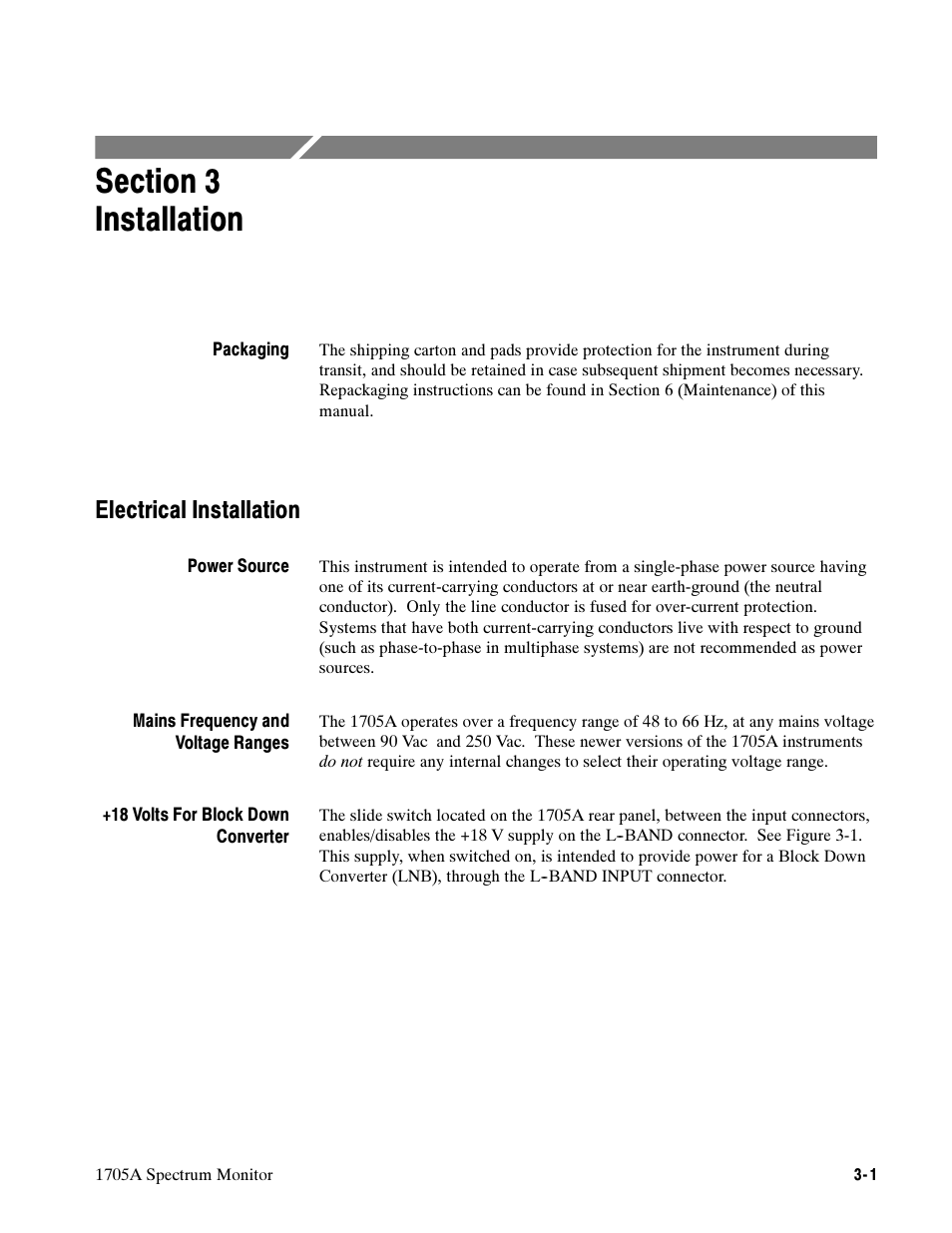 Section 3 installation, Electrical installation | Tektronix 1705A User Manual | Page 64 / 223