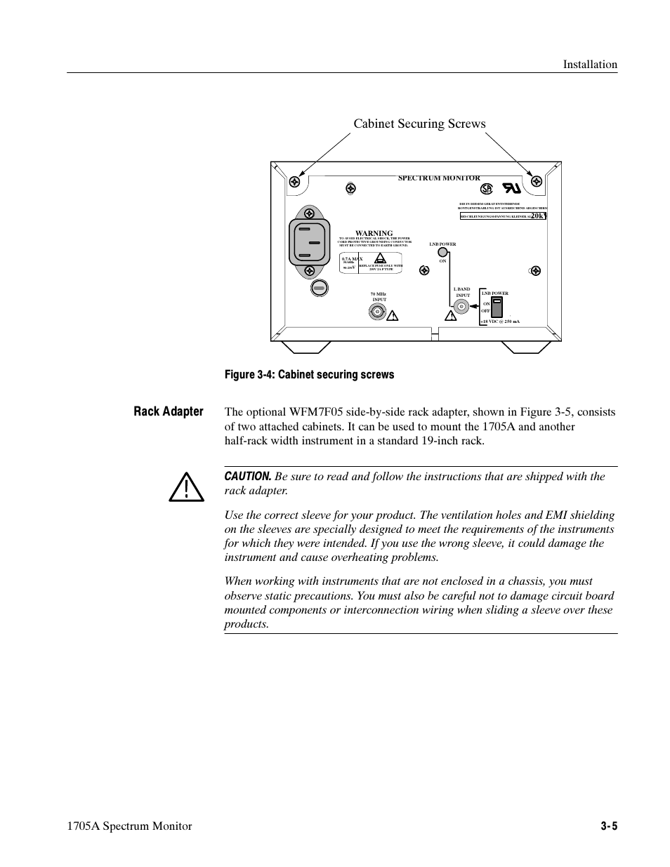 Cabinet securing screws, Rack adapter | Tektronix 1705A User Manual | Page 68 / 223