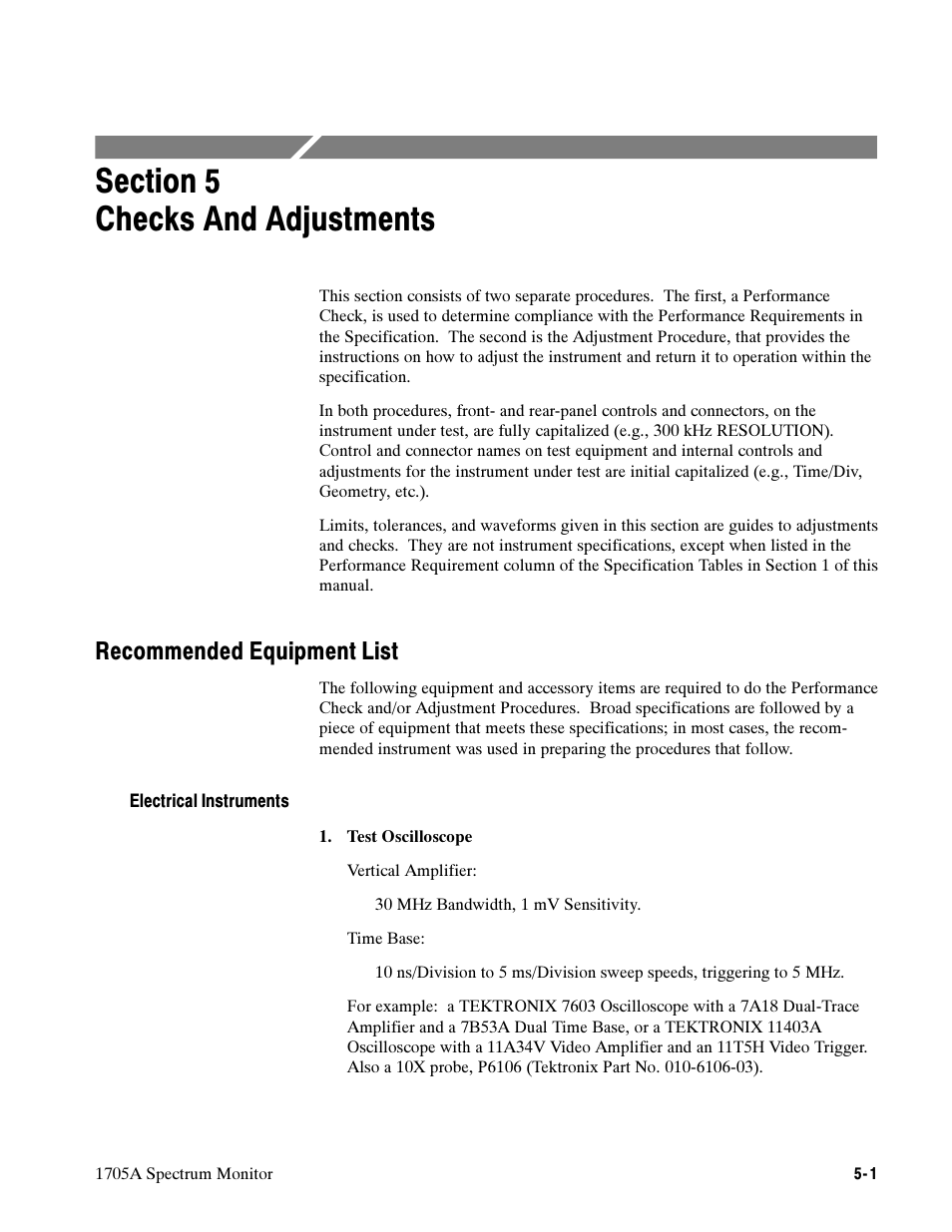 Section 5 checks and adjustments, Recommended equipment list | Tektronix 1705A User Manual | Page 96 / 223