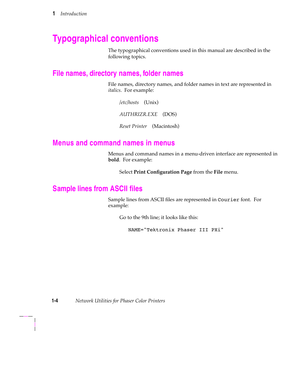 Typographical conventions, File names, directory names, folder names, Menus and command names in menus | Sample lines from ascii files, Sample lines from ascii þles | Tektronix 200 Series User Manual | Page 10 / 112