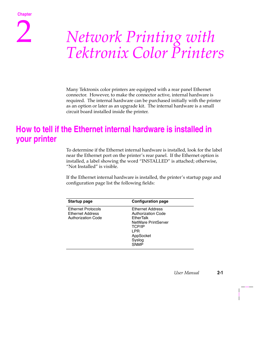 Network printing with tektronix color printers, 10base5 (thick ethernet) 2-8, Workstation users 2-13 | If you configured netware using pconsole 4-20 | Tektronix 200 Series User Manual | Page 13 / 112