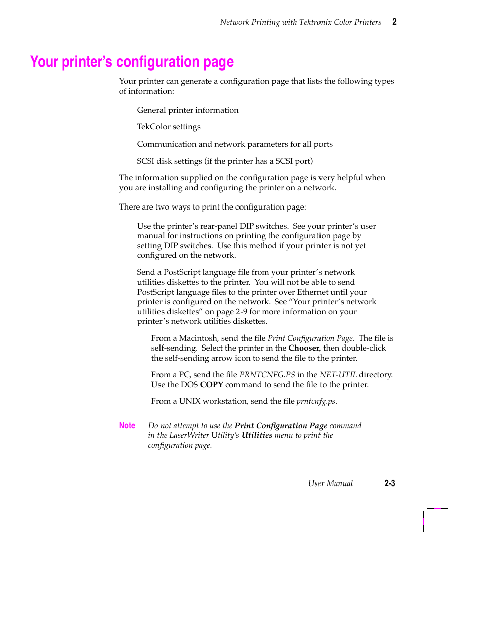 Network printing with tektronix color printers, Tcp/ip authorization code 2-4, Macintosh users 2-12 | Your printerõs conþguration page | Tektronix 200 Series User Manual | Page 15 / 112