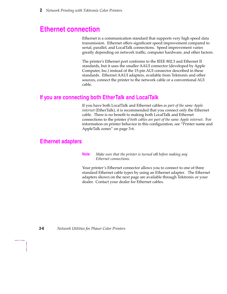 Ethernet connection, If you are connecting both ethertalk and localtalk, Ethernet adapters | Tektronix 200 Series User Manual | Page 18 / 112