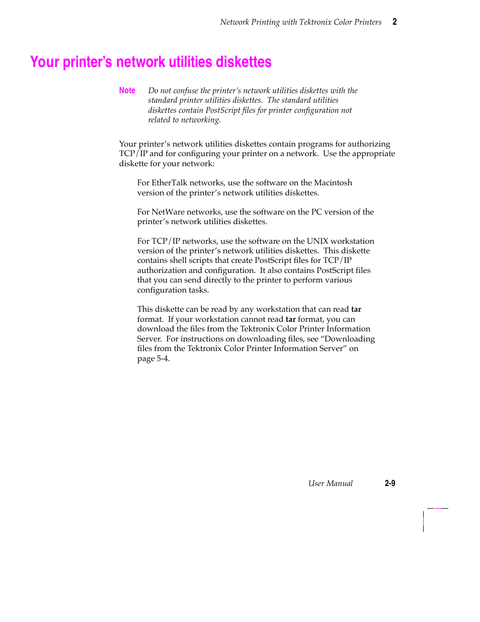 Your printer’s network utilities diskettes, Your printerõs network utilities diskettes | Tektronix 200 Series User Manual | Page 21 / 112